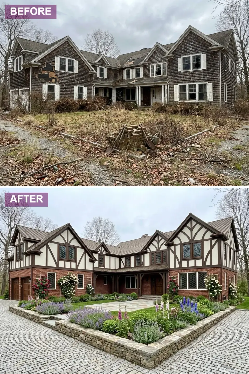 Tudor revival transformation — classic half-timbering with dark chocolate timber against warm cream stucco panels on the upper story, warm red clay brick first floor, clay tile roof, leaded glass diamond-pane windows, low fieldstone garden wall, romantic English garden with climbing roses, delphiniums, and foxgloves, flagstone patio.