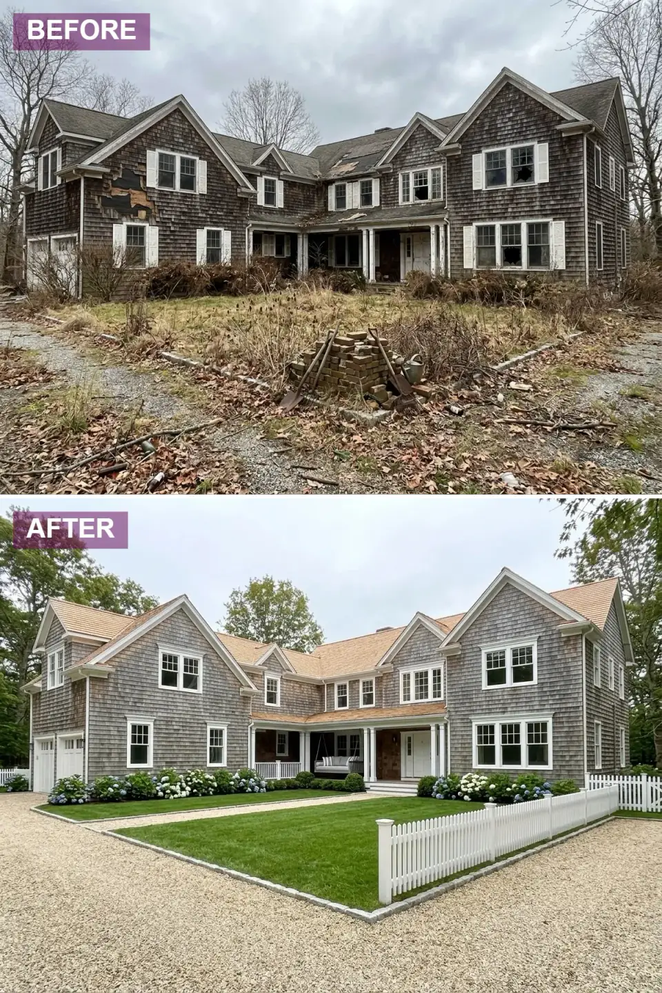 Nantucket shingle home renovation — full cedar shingle siding designed to weather to silvery grey, crisp white trim around windows and porch, cedar shingle roof matching the siding, classic white picket fence enclosing manicured lawn with white and pale-blue hydrangea bushes, crushed-shell driveway, traditional porch swing on the covered front porch.