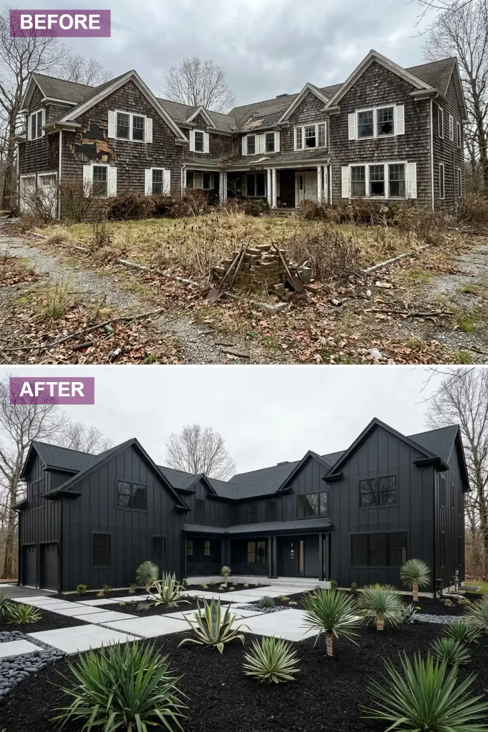 Modern minimalist all-black exterior transformation — board-and-batten siding, roof, windows, and doors all finished in dramatic matte black, large-format concrete pavers in geometric pattern over black mulch, sculptural yucca and agave plantings, dark river stone accents, complete monochromatic departure from the original overgrown facade.