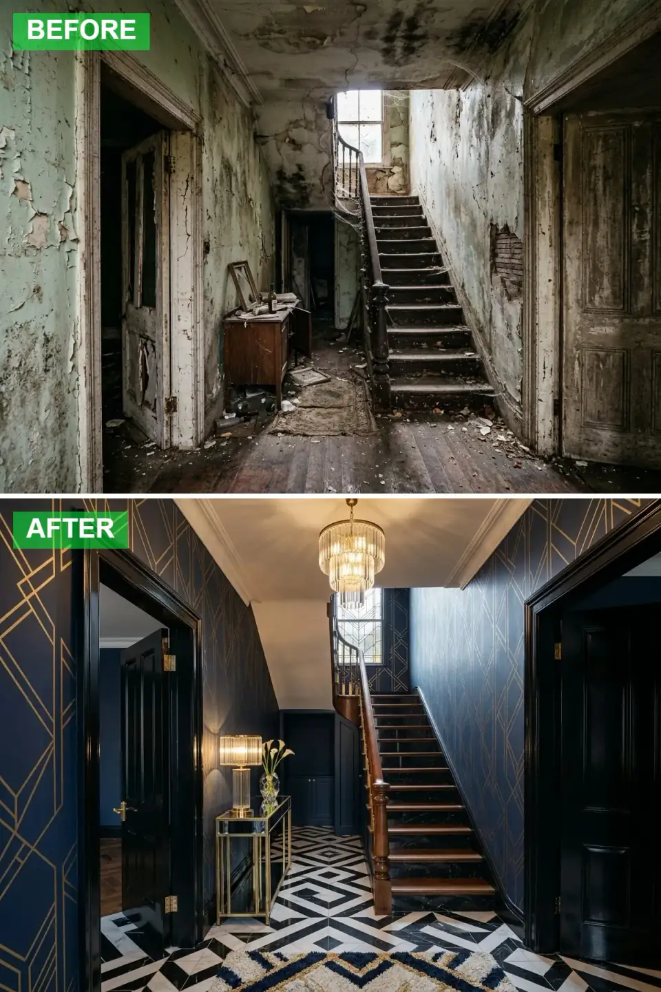 Navy and gold Art Deco hallway with geometric wallpaper, black and white marble floor, brass console and tiered crystal chandelier