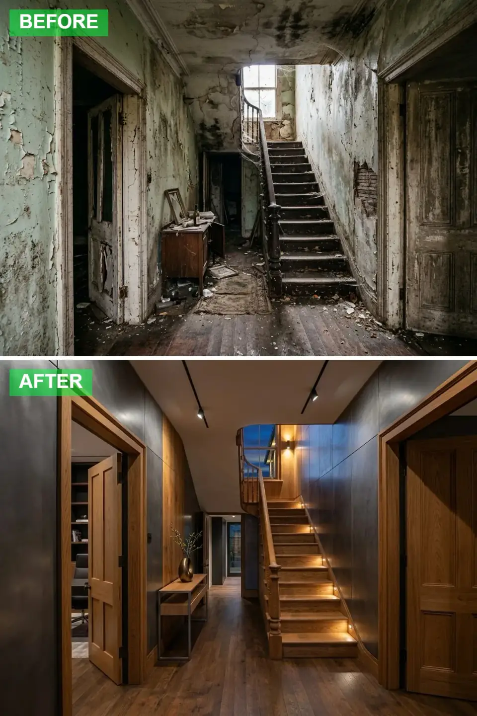 Moody modern hallway with dark charcoal textured wall panels, warm teak wood paneling, LED-lit stair risers, ceiling track lighting and minimalist furniture
