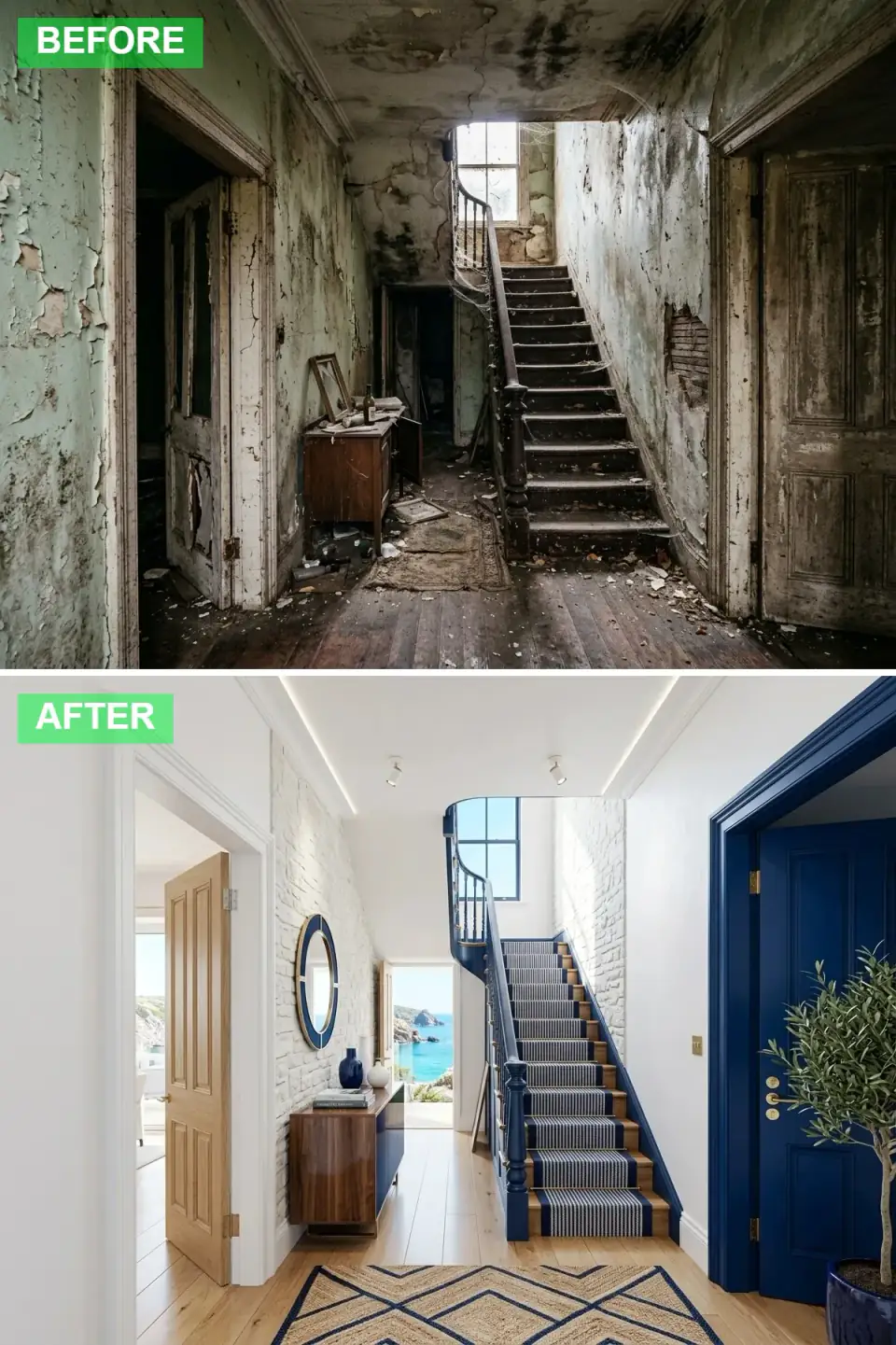 Mediterranean hallway with white painted brick wall, vibrant cobalt blue stair, door and trim, blue and white patterned stair runner, jute rug and round blue mirror