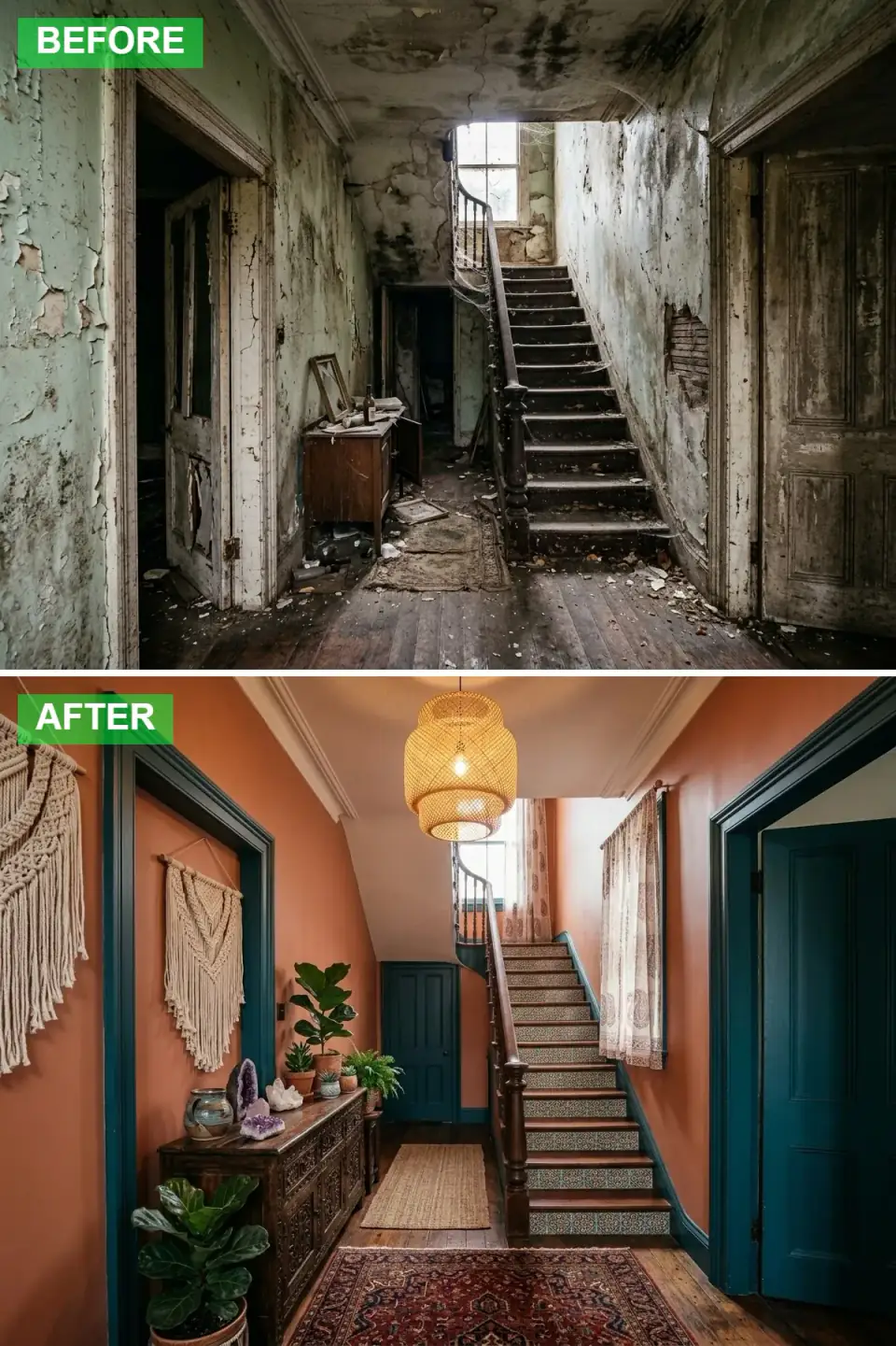 Bohemian hallway with terracotta walls, deep teal trim and doors, patterned tile stair risers, carved wood sideboard and a large macrame wall hanging