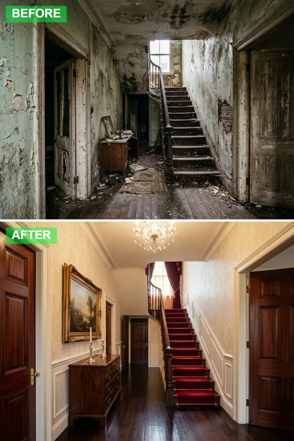 Traditional hallway with cream damask wallpaper, white wainscoting, dark wood stair with ruby red velvet runner on brass rods and a gilt-framed oil painting
