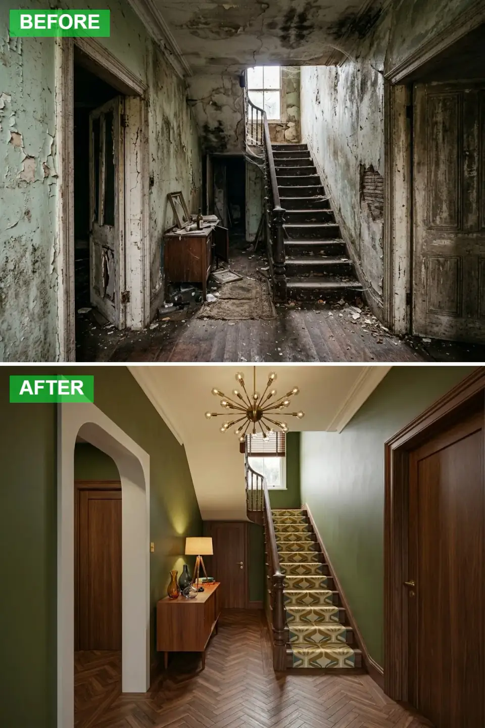 Mid-century modern hallway with olive green walls, walnut herringbone floor, mustard and green patterned stair runner, Sputnik chandelier and a walnut credenza