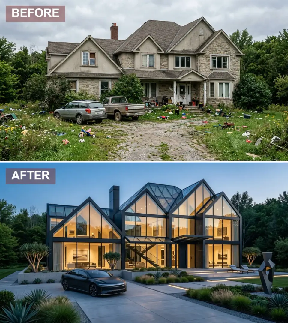 A neglected suburban home rebuilt as a glass and blackened steel cathedral with two-story curtain walls, a cantilevered entry canopy, large-format concrete pavers, and warm amber interior light glowing through the gable silhouette at dusk.