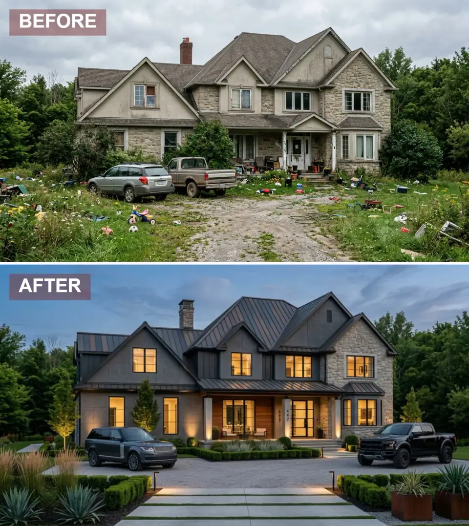 A stately home recladded in charcoal James Hardie board-and-batten and a standing-seam metal roof, with original limestone elevation preserved at the base, a deep covered porch with smoked walnut soffit, and pale gravel courtyard framed by clipped boxwood.