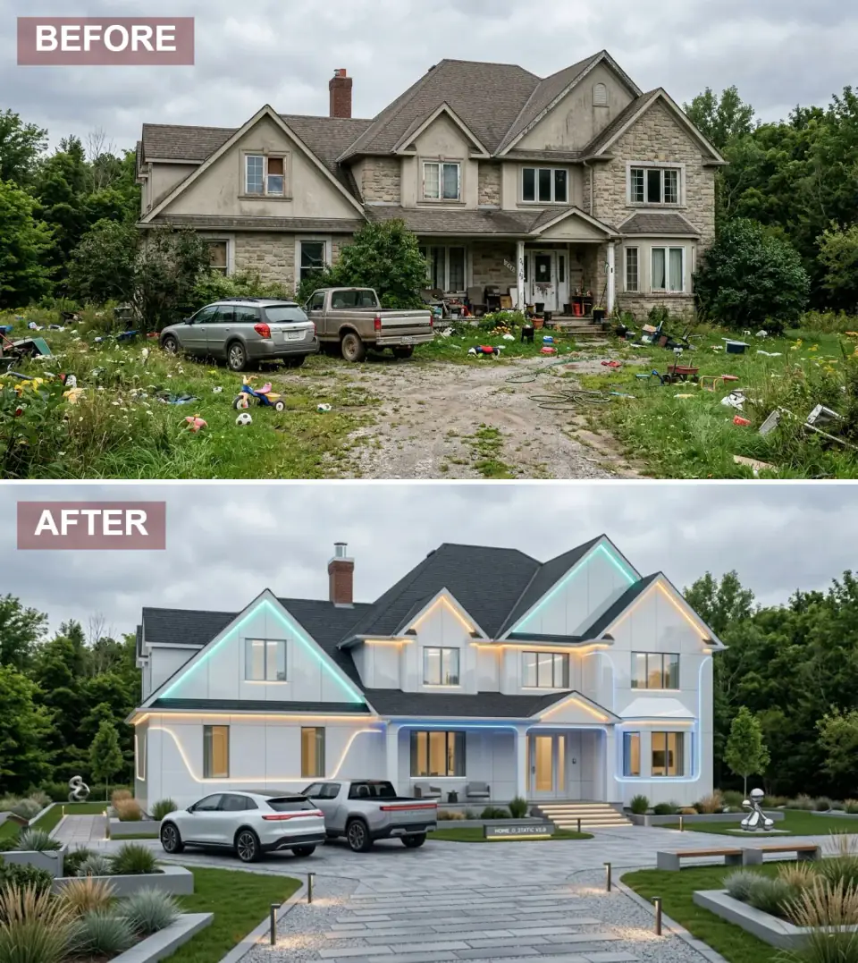 A previously dated stucco home recladded in smooth high-gloss white composite panels with programmable cyan and amber LED channel lighting tracing the rooflines, a patterned stone driveway flanked by minimalist benches, and sculptural metallic outdoor art near the entry.