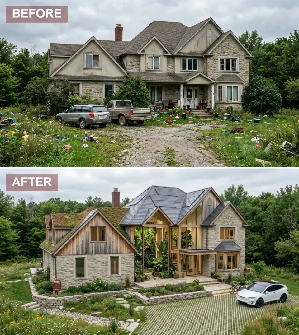 A traditional stone home preserving its original limestone walls and adding weathered cedar siding, a moss-and-sedum living roof on one bay, a glass atrium revealing an interior vertical garden, a permeable grass-paver driveway, and dry-stacked retaining walls integrated with native meadow planting.
