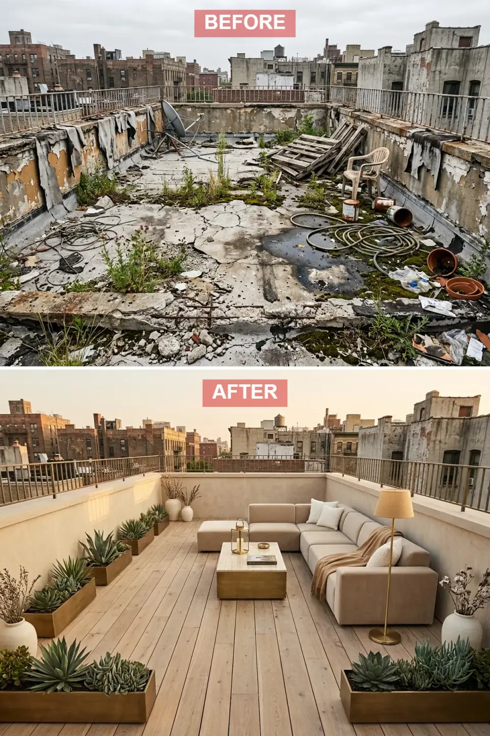 Warm honey-toned hardwood rooftop deck with an oatmeal linen L-shaped sectional, travertine coffee table, brass planters holding agave, and resurfaced limestone-plaster parapet walls at sunset