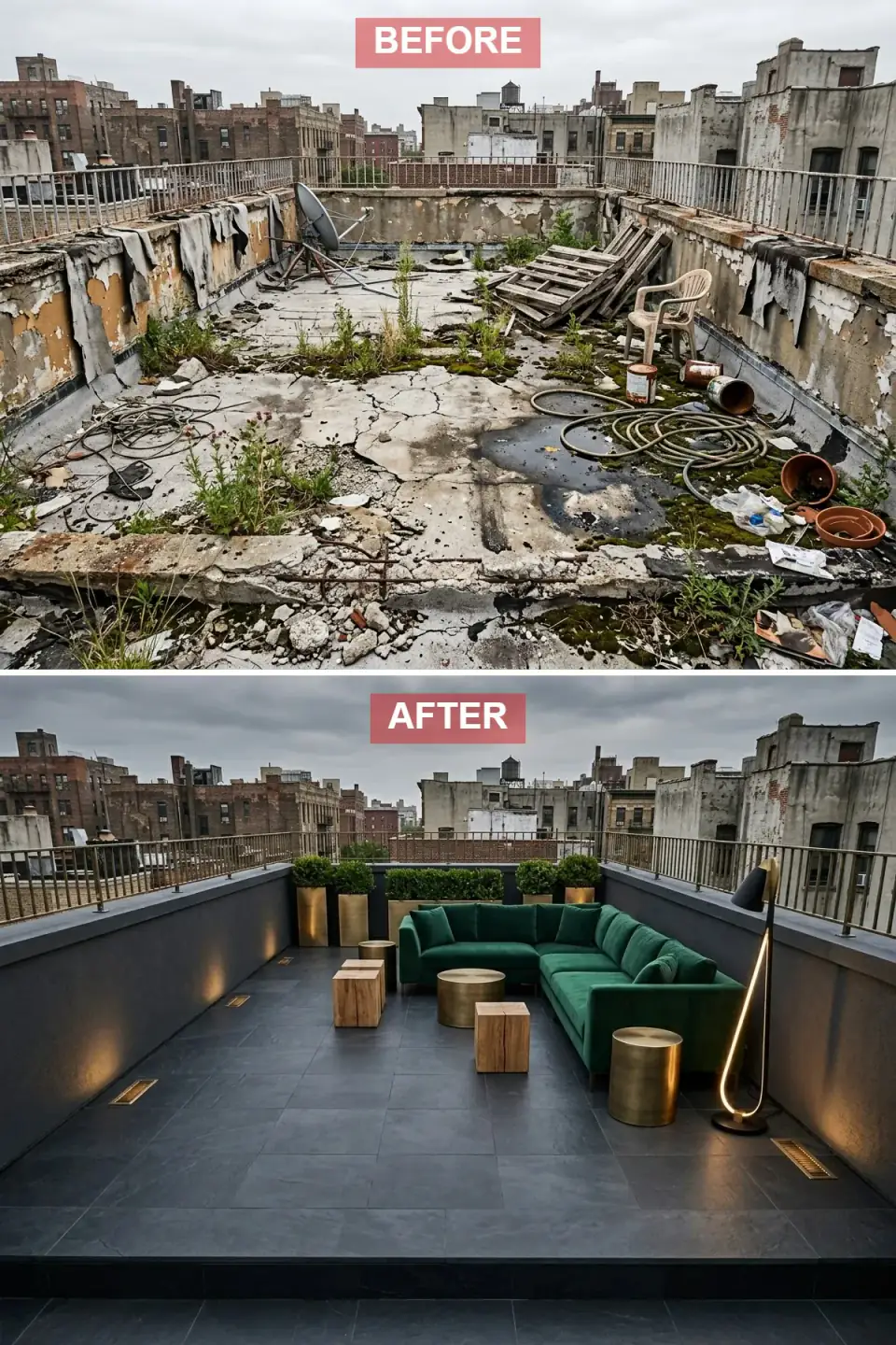 Dramatic rooftop lounge with honed black slate flooring, deep charcoal plaster parapets, an emerald green velvet sectional, brass drum and teak cube side tables, and boxwood spheres in tall brass planters lit by recessed floor washers