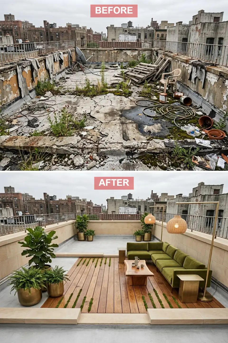 Organic-modern rooftop garden room with a raised hardwood deck inset with living moss ribbons, honed concrete platforms, beige limestone-clad walls, an olive green velvet sectional, live-edge walnut table, rattan globe pendants, and brass vessels holding fiddle-leaf figs and ferns