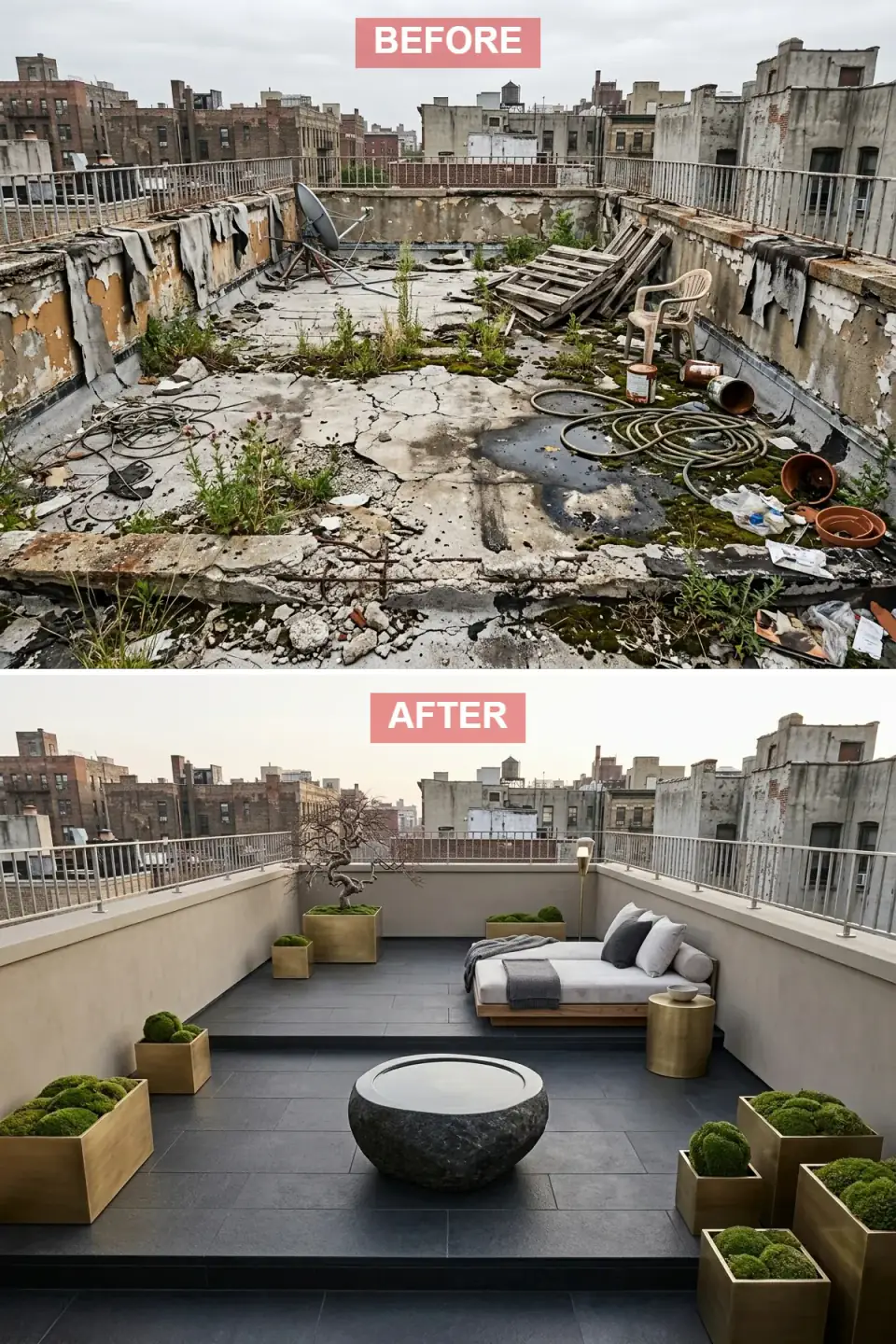 Tranquil Zen rooftop retreat with dark grey slate flooring on two levels, warm bone plaster parapets, a carved stone bowl water feature, a low platform daybed with ivory mattress, sculptural moss mounds and a windswept bonsai-style tree in brass planters, and a single brass globe floor lamp