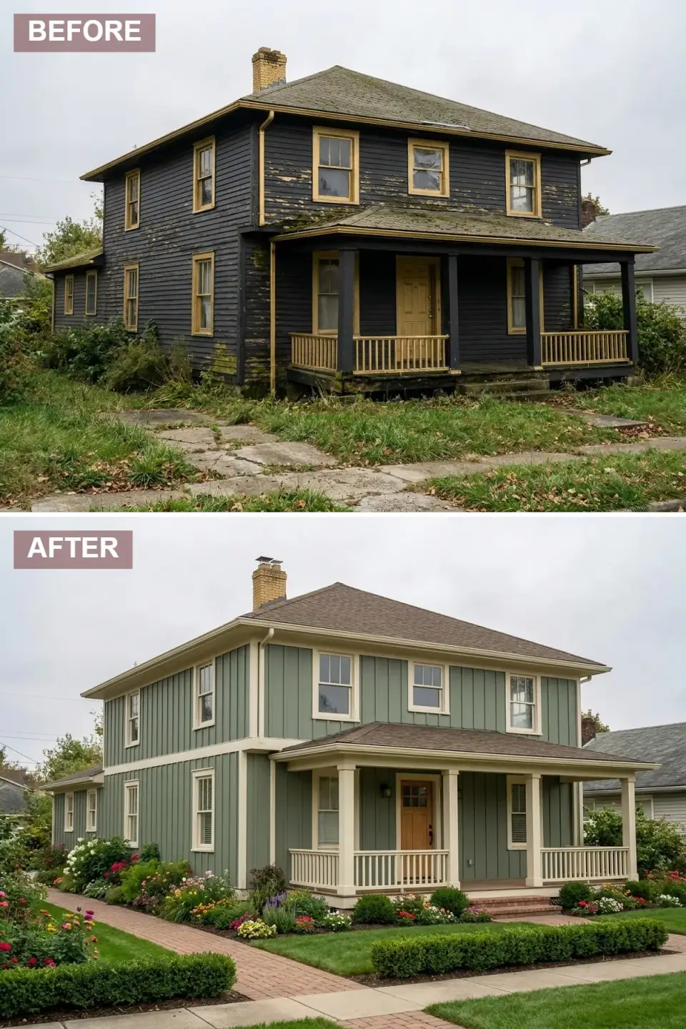 Sage green American Foursquare with board-and-batten and clapboard siding, cream trim, a columned porch, and a brick path lined with flowers