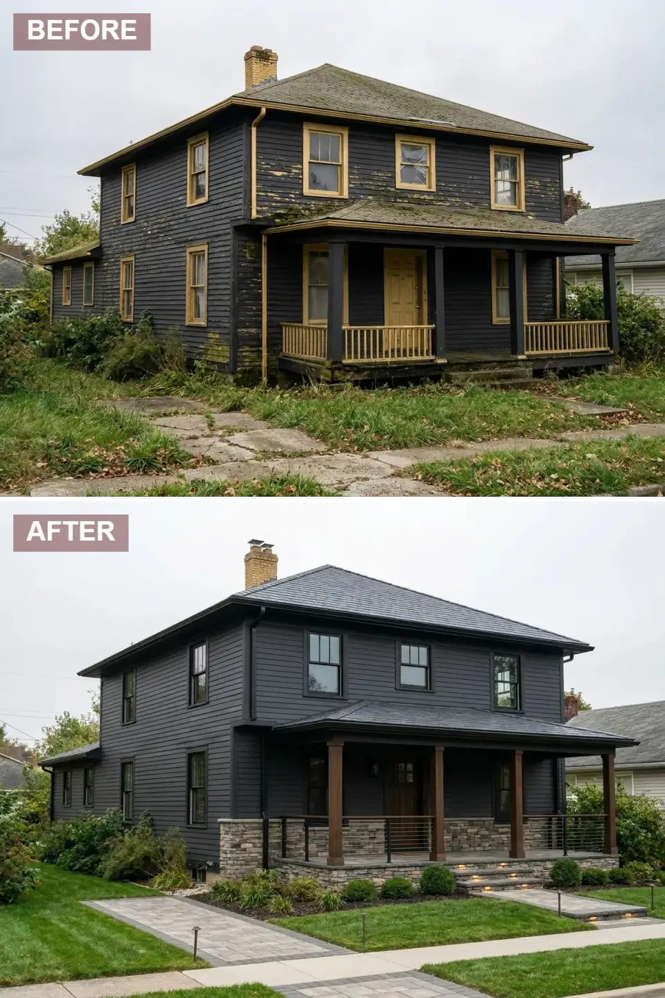 Charcoal-grey Foursquare with stacked-stone foundation veneer, dark wood porch columns, cable railing, and lit paver steps