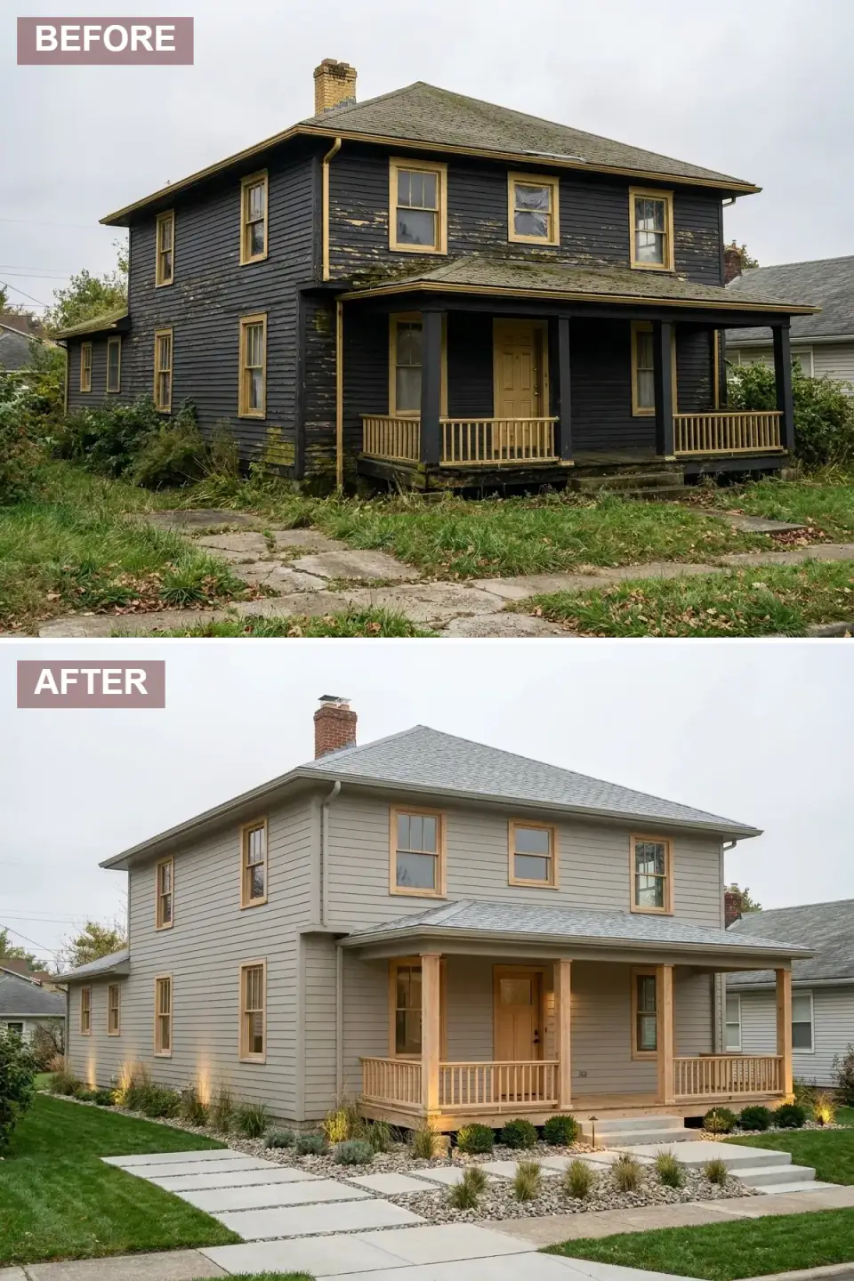 Greige clapboard Foursquare with natural unfinished wood columns, railing and door, river-stone beds, and ornamental grasses