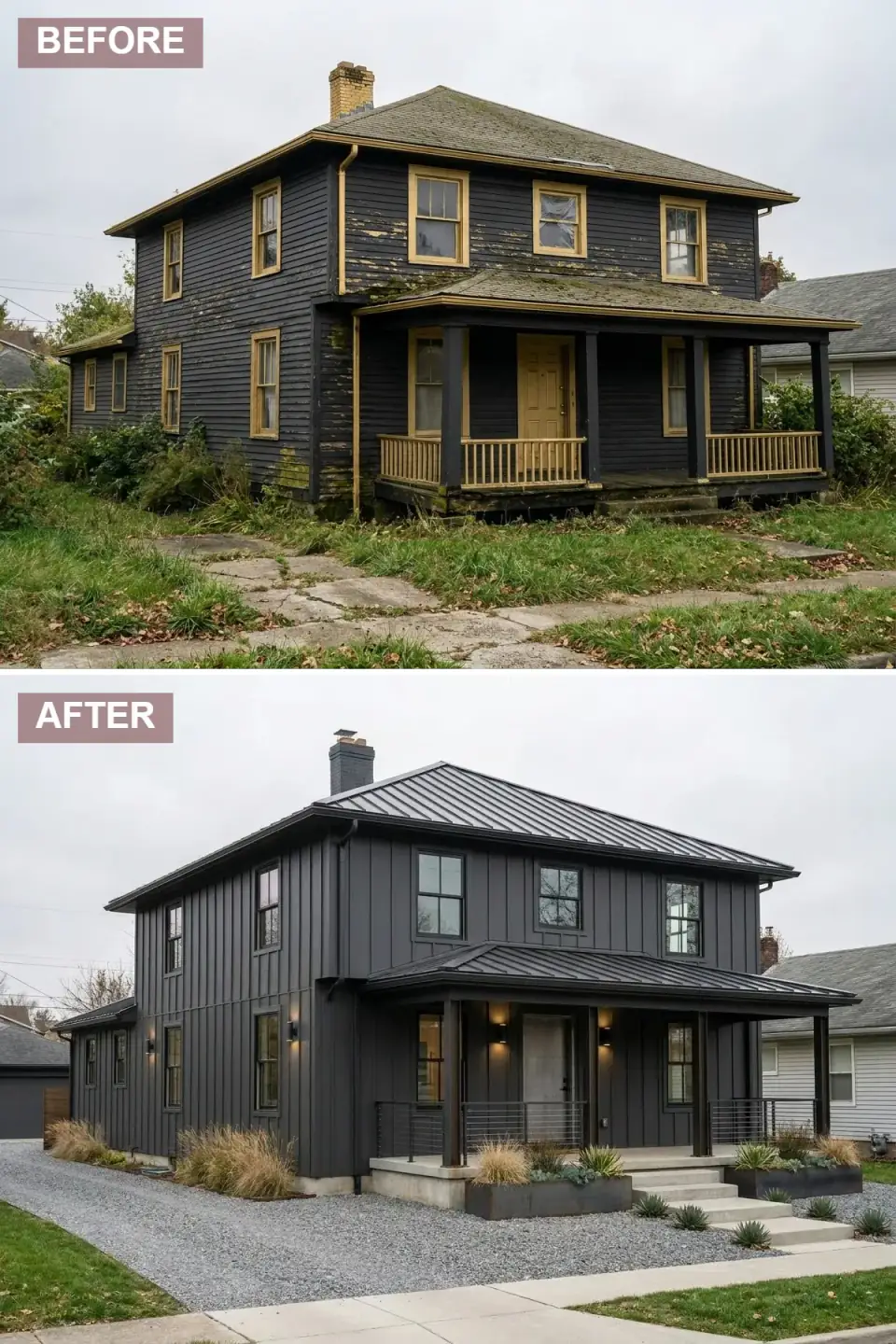 Charcoal board-and-batten Foursquare with a black metal roof, dark metal porch columns and railing, a metal door, and corten steel planters