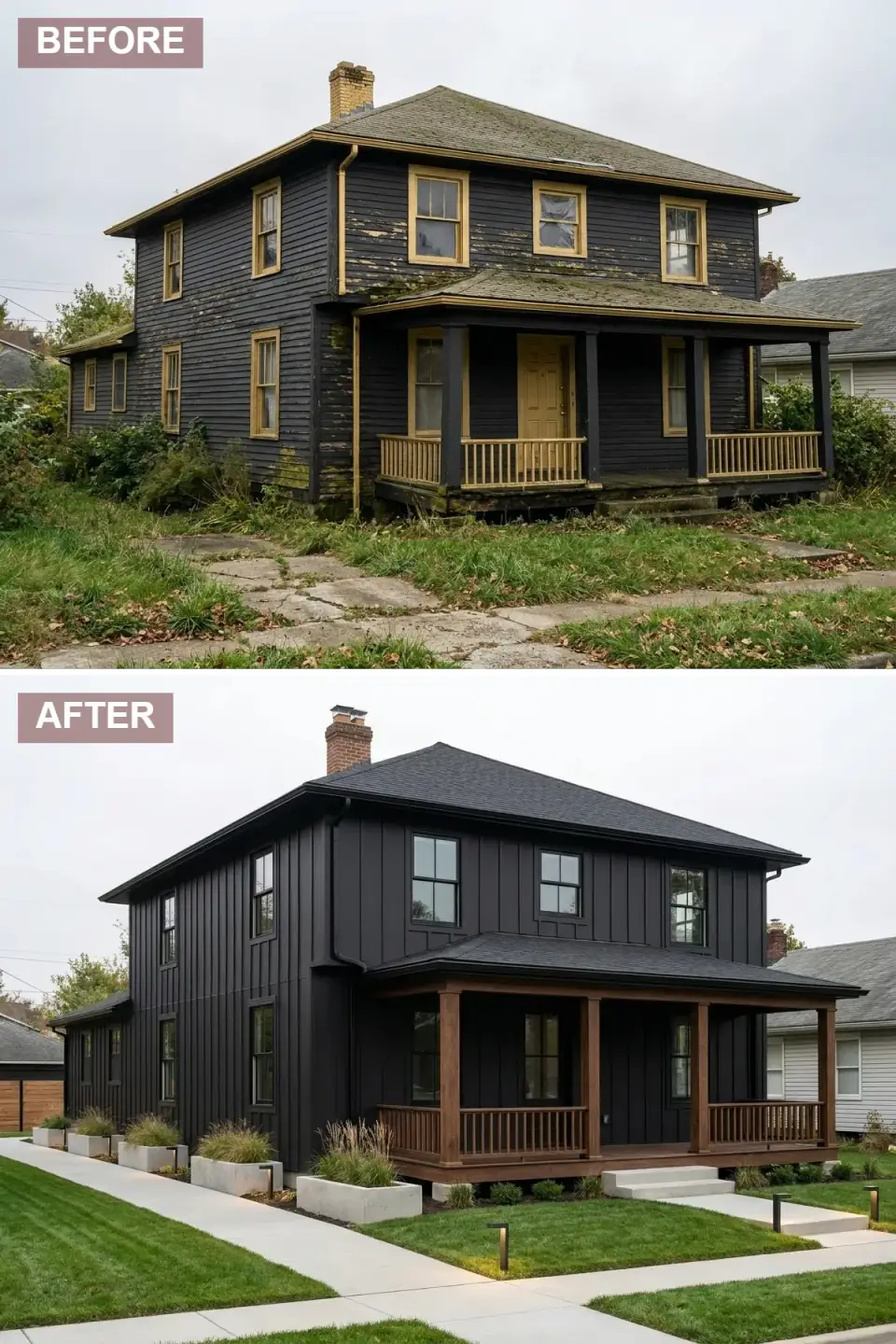 All-black matte Foursquare with board-and-batten siding, roof and windows in matte black, dark wood porch columns, and concrete planters