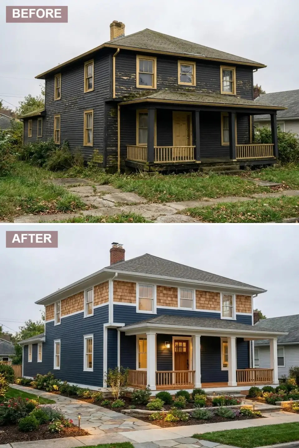 Two-tone coastal Foursquare with deep navy clapboard on the first floor, natural cedar shakes above, white trim, and a flagstone cottage-garden path