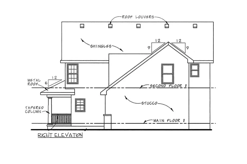Front elevation of Plan 42151DB showing the modern farmhouse with board-and-batten siding, prominent covered front porch with tapered columns, metal roof accent over the porch, stone veneer base and a gabled dormer above