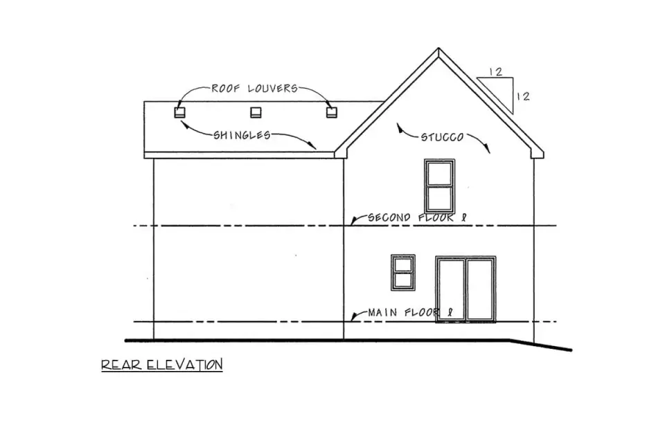 Three-quarter view of Plan 42151DB highlighting the side-loading 2-car garage, the depth of the two-story footprint and the multiple gables along the roofline