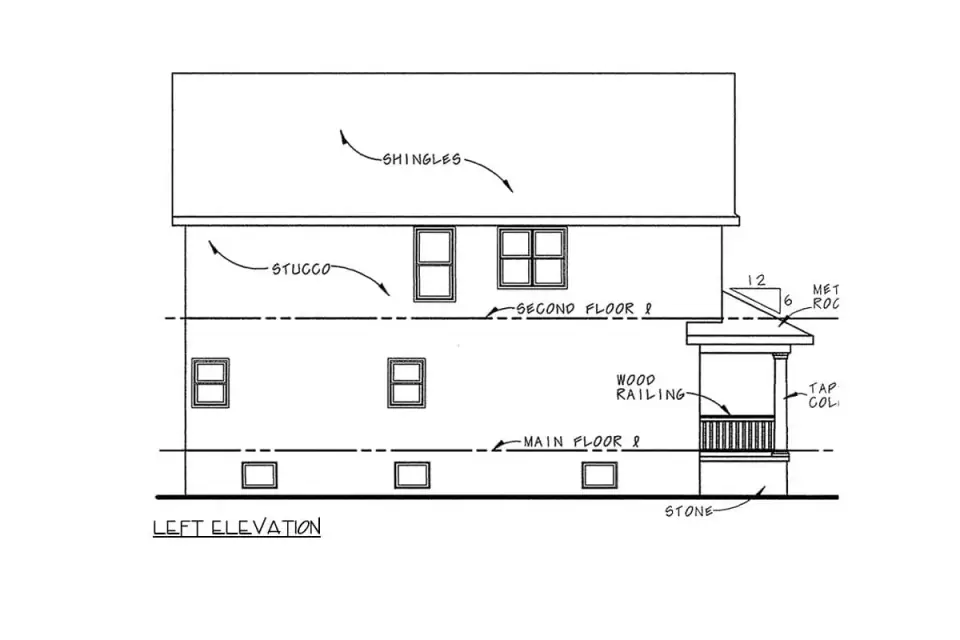 Side elevation of Plan 42151DB with a shed dormer over the bonus storage room providing natural light, board-and-batten siding and architectural shingles on the main roof