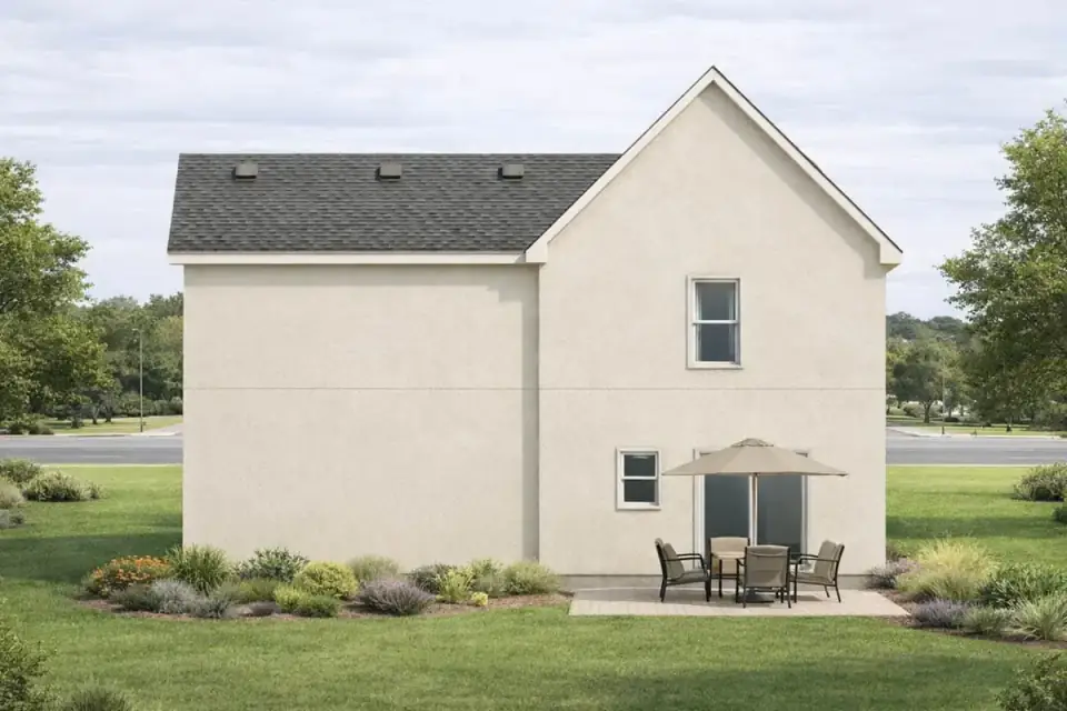 Rear elevation of Plan 42151DB showing the secondary bedroom windows, gable composition and stone veneer base detail