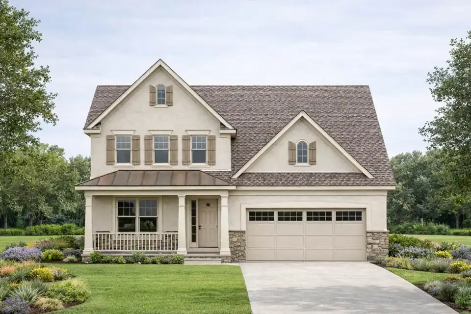 Detail view of the front porch of Plan 42151DB showing tapered columns, painted ceiling, metal roof and entry door with sidelight