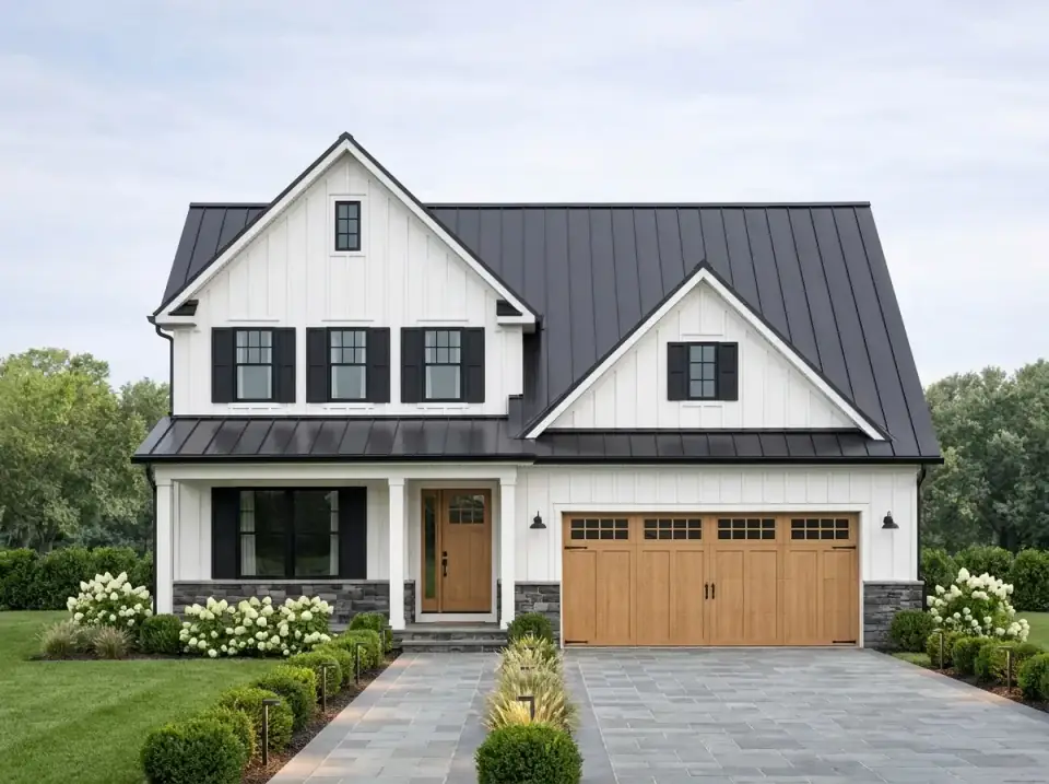 Classic Modern Farmhouse facade variation of Plan 42151DB with crisp white board-and-batten siding, black window frames, a black metal roof over the porch and main gable, warm wood front and garage doors and landscaping with hydrangeas and boxwoods
