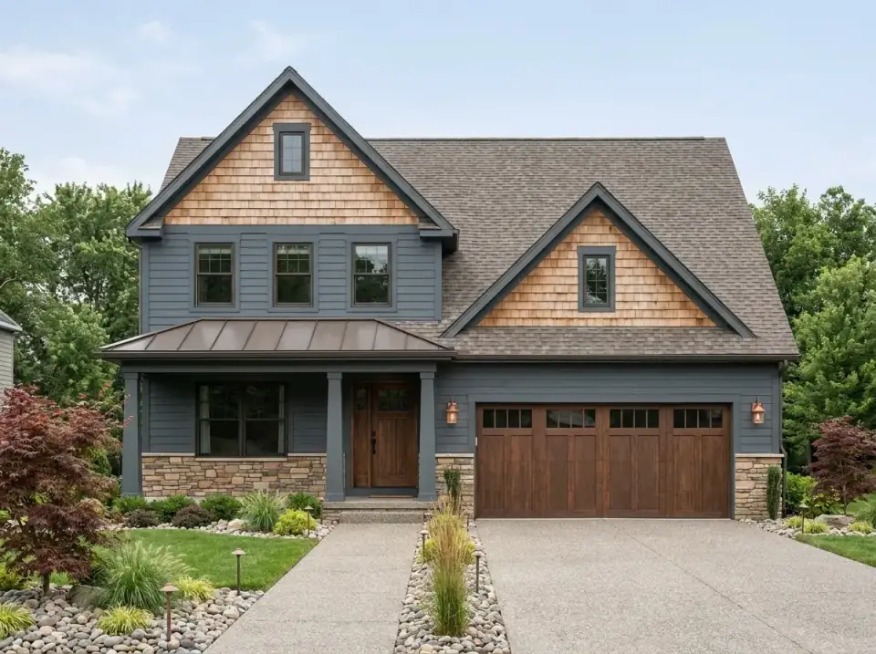 Craftsman Blend facade variation with deep blue siding, warm cedar shake accents in the gables, stone veneer base, wood-toned garage and front doors and naturalistic landscaping with Japanese maples and river rock