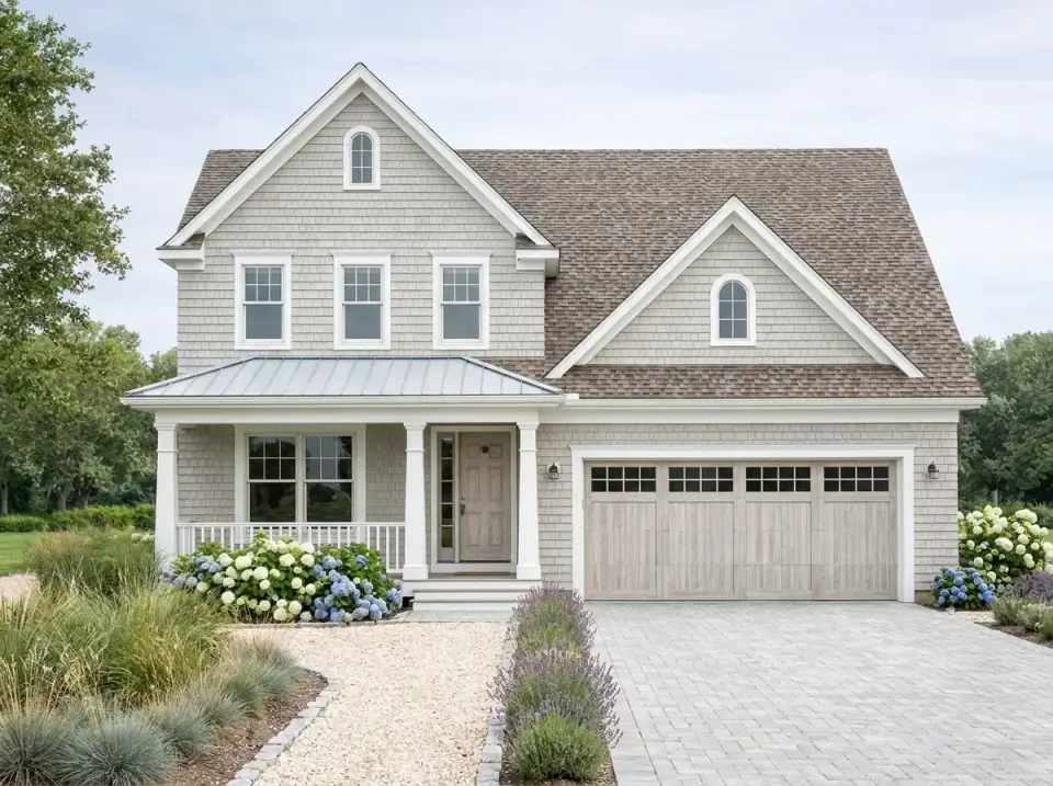 Coastal Cottage facade variation with light grey shake siding, crisp white trim, light wood doors, a metal porch roof and landscaping with hydrangeas, lavender and ornamental grasses bordering a gravel path