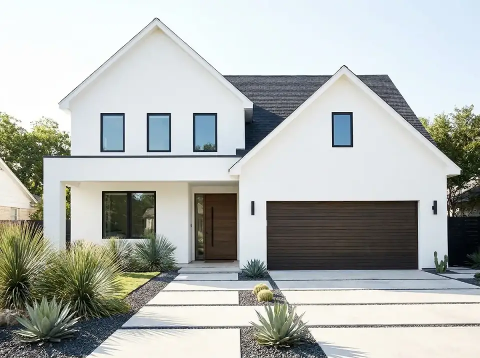 Minimalist Modern facade variation with smooth white stucco, flat rooflines, clean black window frames, a dark wood front and garage door and minimalist xeriscaping with agave, gravel and large concrete pavers