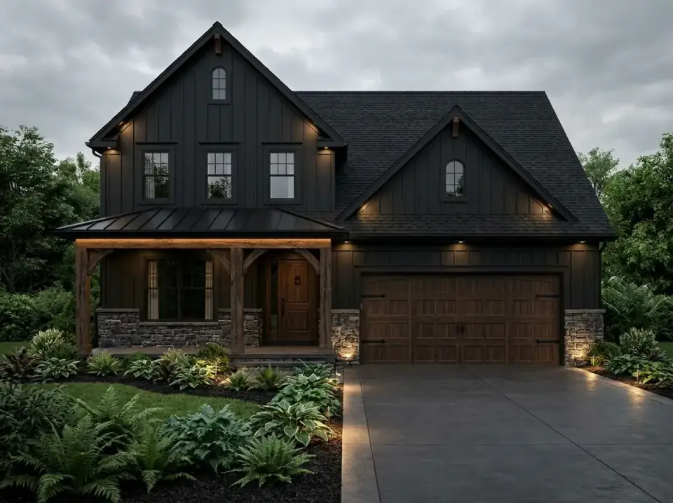 Dark and Rustic facade variation with black board-and-batten siding, a dark metal roof, rustic wood beams on the porch, a stone veneer base, moody lush landscaping with ferns and hostas and strategic lighting highlighting architectural features