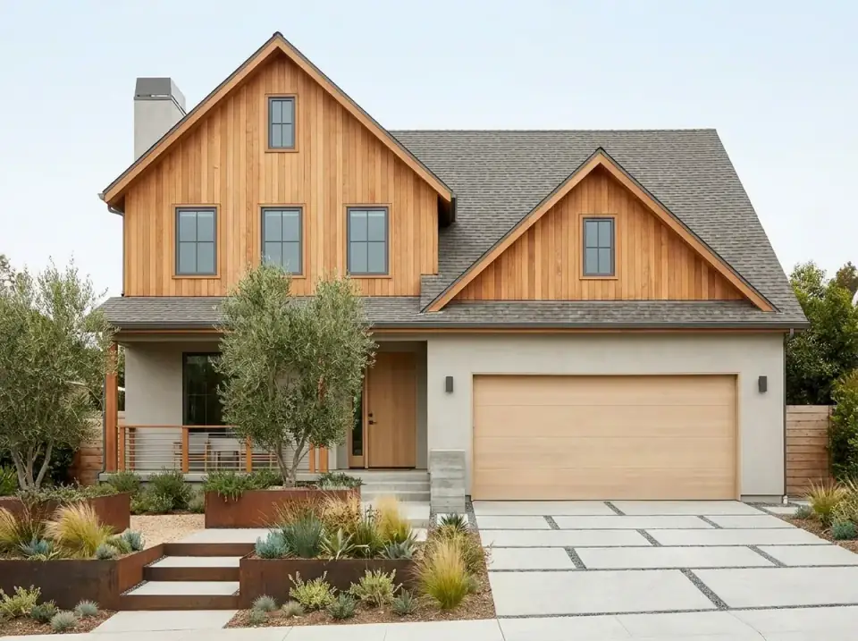 Desert Modern facade variation with natural wood siding on the upper level, light stucco on the lower, a modern horizontal wood garage door and landscaping with weathering steel planters, olive trees, ornamental grasses and large concrete pavers