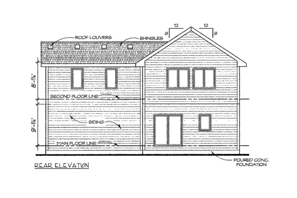 Front exterior of two-story home plan 40882DB with two front-facing gables, a shed-roof covered porch, and an attached two-car garage