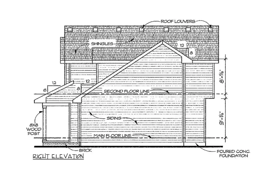 Angled exterior view of plan 40882DB showing the gable over the garage and the second-story bedroom gable with vertical siding