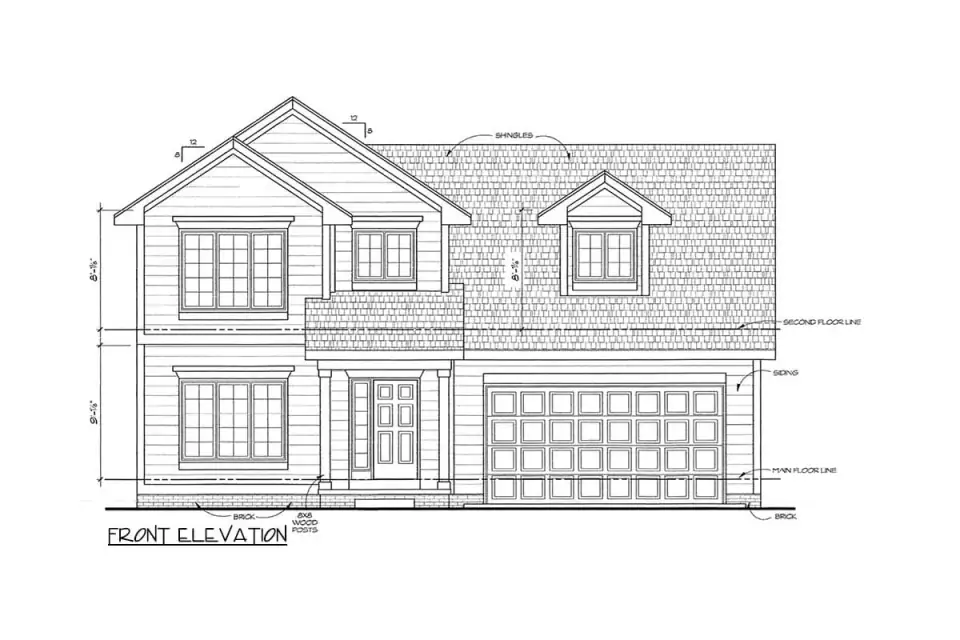 Street-view rendering of plan 40882DB two-story home with shed-roof porch and traditional massing