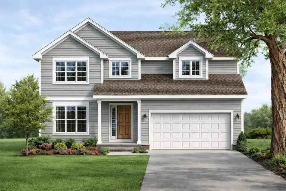 Rendering of plan 40882DB exterior showing the two-car garage gable, front entry, and porch roofline