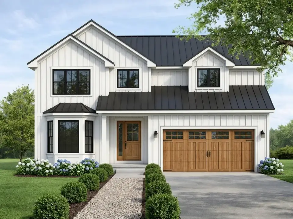 Modern farmhouse facade of plan 40882DB with white board-and-batten siding, black standing-seam metal roof, black windows, and a natural wood garage door