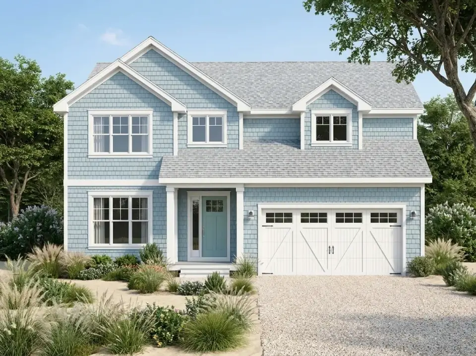 Coastal craftsman facade of plan 40882DB with light blue shake siding, white trim, a teal front door, and dune-grass landscaping