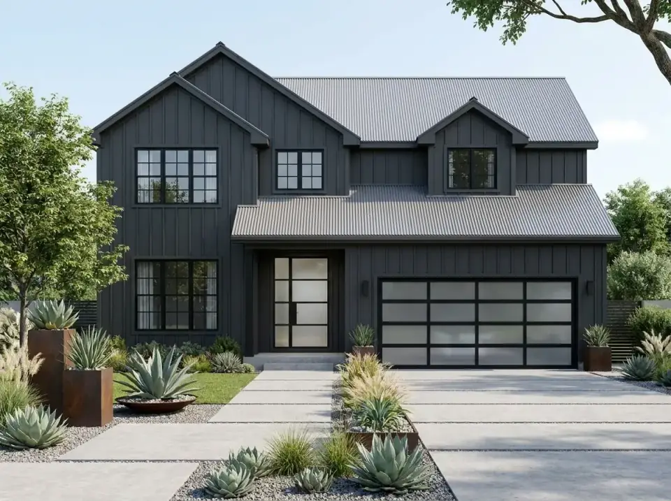 Contemporary industrial facade of plan 40882DB with dark gray vertical siding, corrugated metal roof, frosted glass garage door, and steel pivot entry
