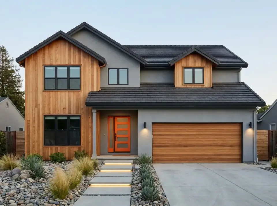 Modern mid-century facade of plan 40882DB mixing vertical wood siding and gray stucco with a flat tile roof and a vibrant orange front door