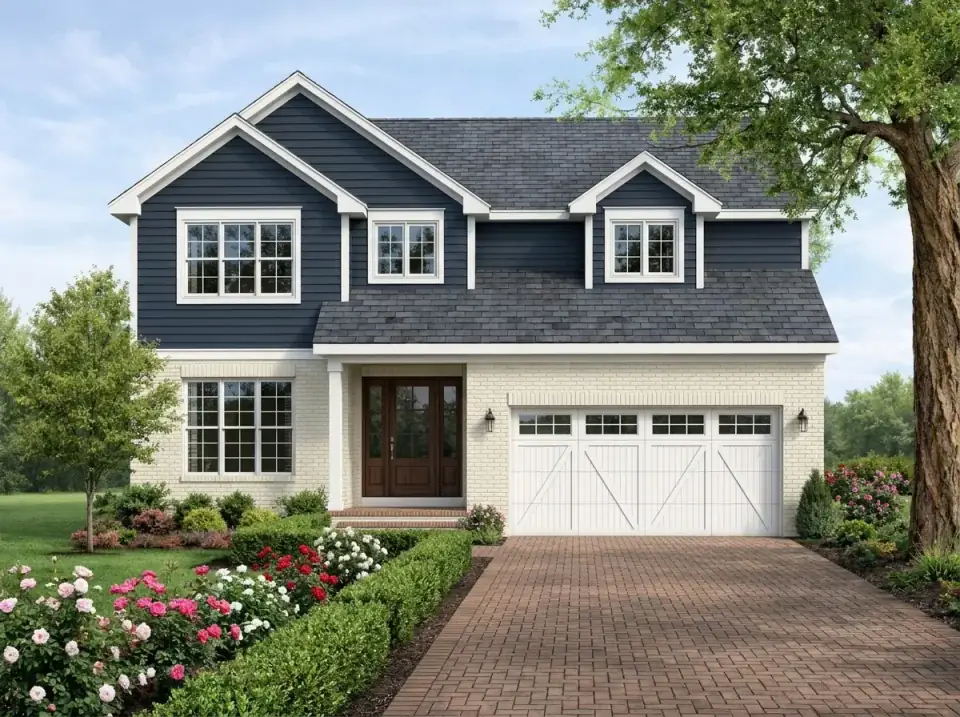 Classic traditional facade of plan 40882DB with dark blue horizontal siding upstairs, painted white brick on the first level, and white carriage garage doors