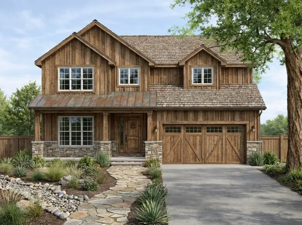Rustic lodge facade of plan 40882DB with weathered vertical wood siding, stone veneer foundation and porch columns, and a rusted metal porch roof