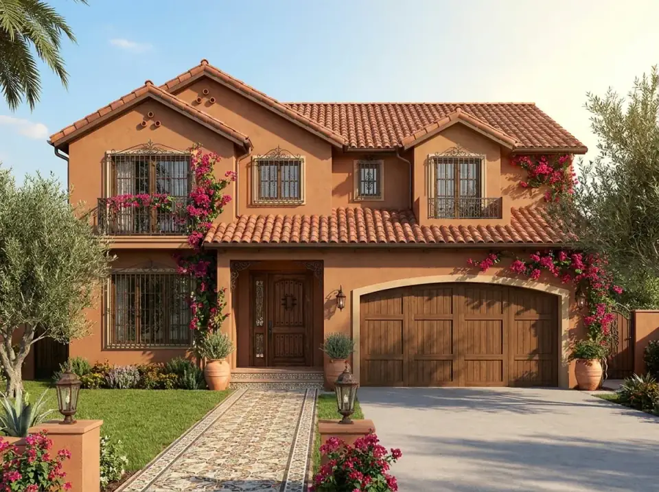 Spanish colonial facade of plan 40882DB with terracotta stucco walls, red clay tile roof, wrought-iron details, and an arched wood garage door