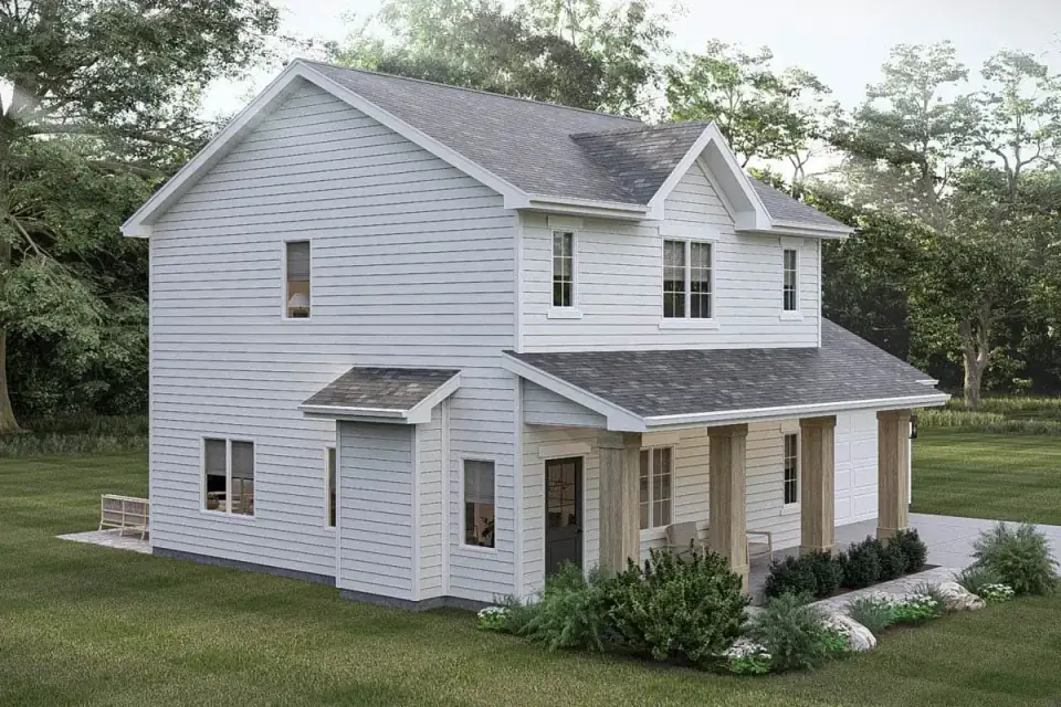 Front rendering of Plan 623644DJ, a two-story modern farmhouse with dark vertical siding, contrasting wood gable accents, and a covered front porch with columns