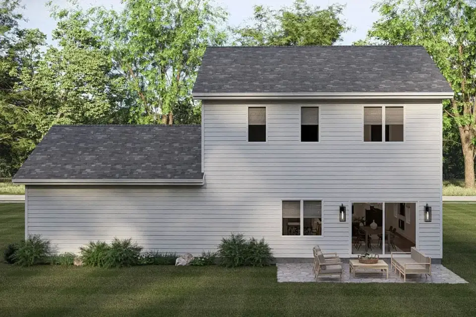 Side elevation of Plan 623644DJ highlighting the gable proportions and vertical siding lines