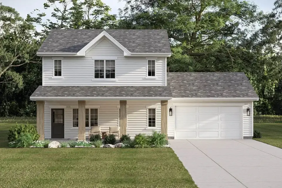 Front porch detail with distinct columns and dark window frames on the modern farmhouse facade