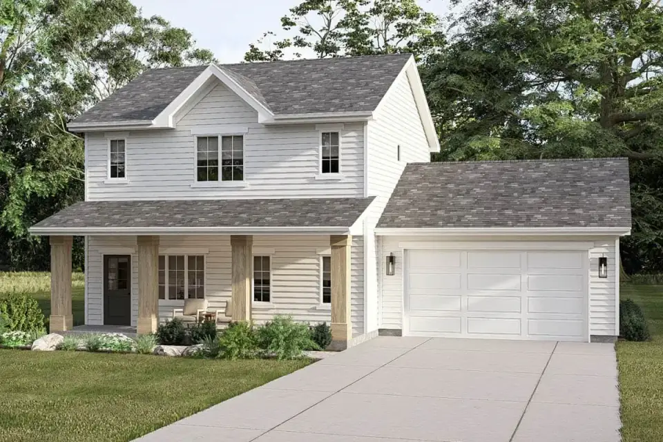 Rear elevation of the two-story farmhouse plan showing window placement and roofline