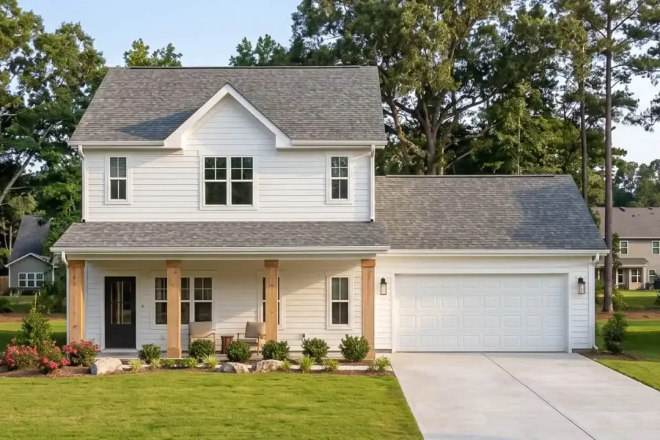 Three-quarter exterior rendering emphasizing the material mix of dark siding and warm wood accents